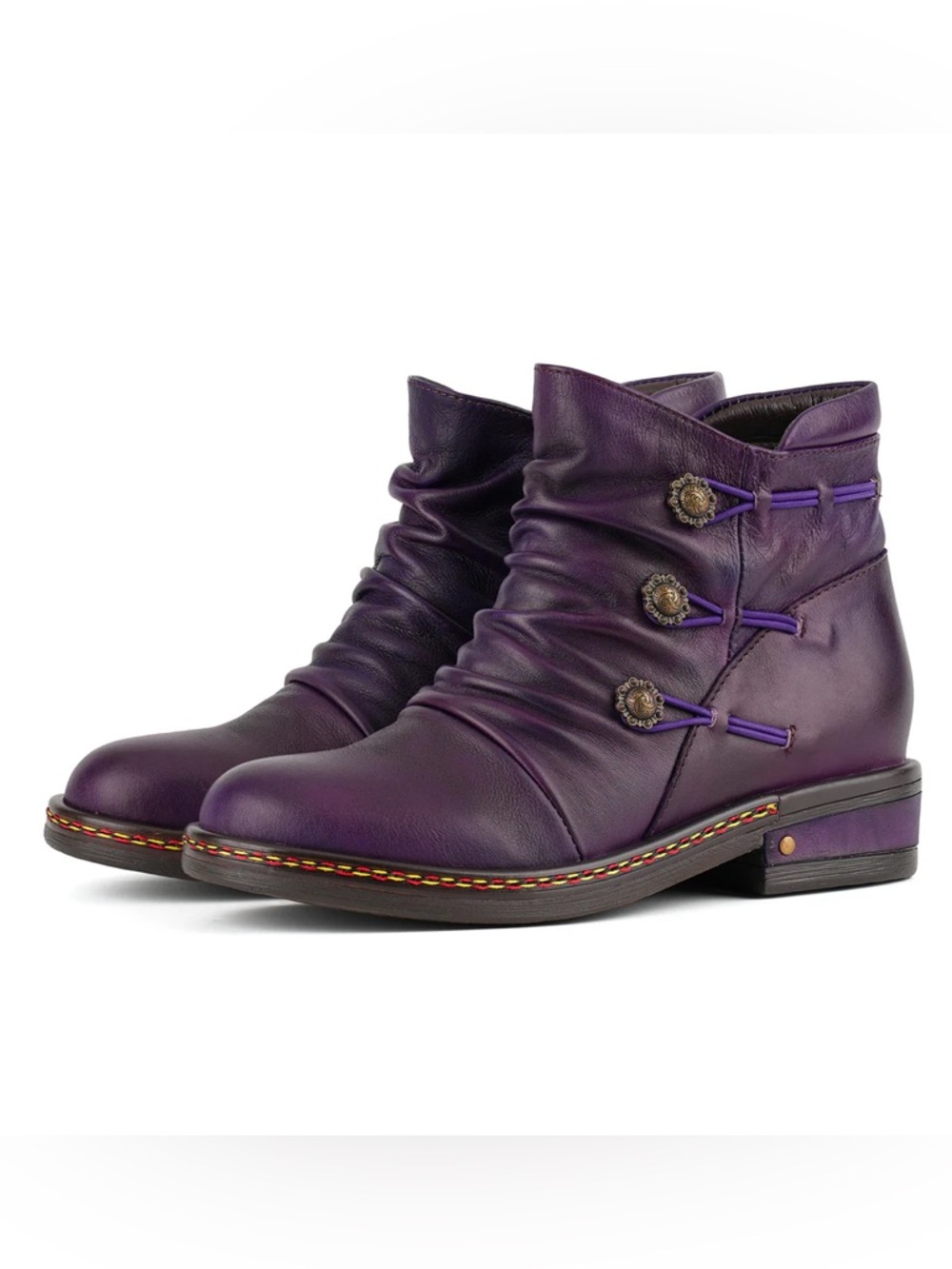 Women's Purple Leather Ruched Ankle Booties with Decorative Button Detail